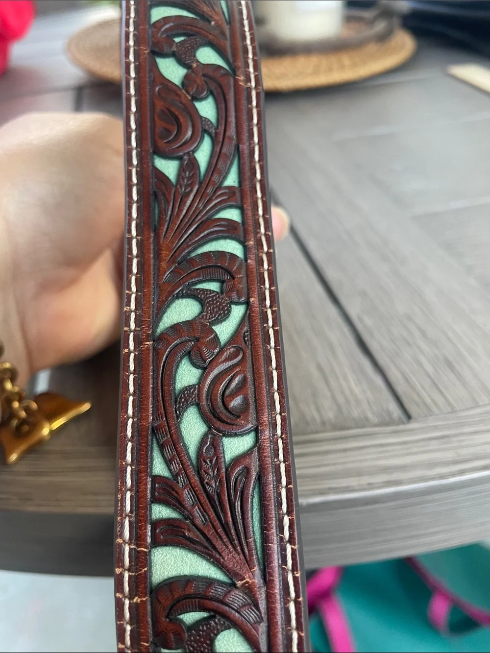 Western Nocona Silver tone Buckle Brown Leather Belt with Turquoise Inlay